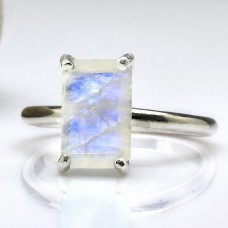 Rainbow moonstone 12x8mm rectangle silver prong ring